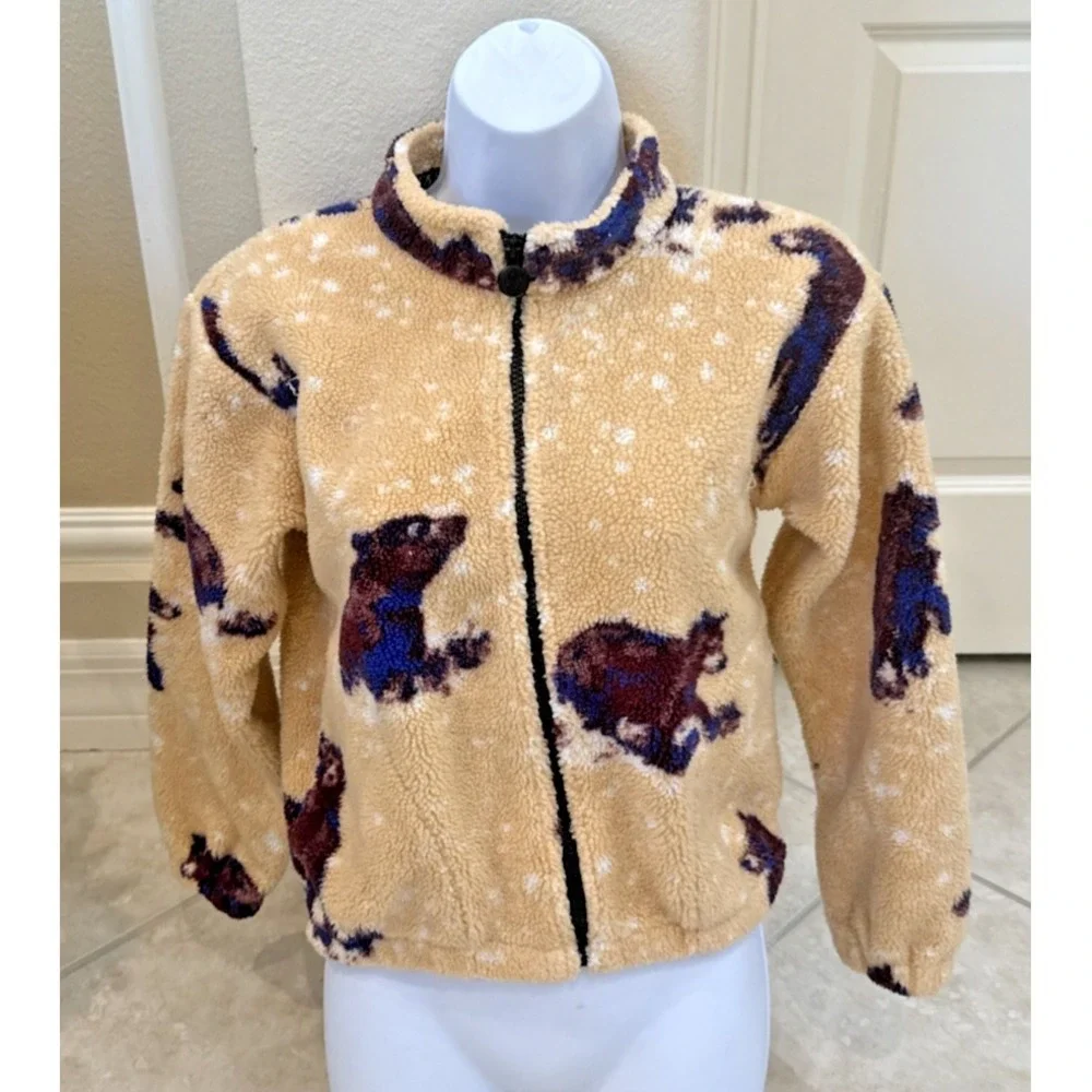 VTG RARE Kids Outback Trading Company Fleece Jacket Bear Print Full Zip Size M